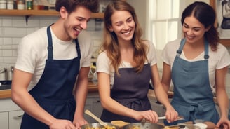 A group of people are engaged in cooking, surrounded by green plants and brick walls. Some are preparing food at a counter with pots and ingredients, while one person is operating a rotating grill. The atmosphere is casual and cooperative, with sunlight filtering through the space.