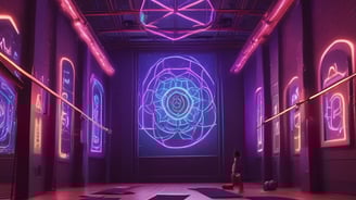 The image depicts a spacious and well-organized yoga studio. The room has several aerial yoga fabrics suspended from the ceiling, which are turquoise in color. There are yoga mats evenly spaced on the floor, each with a foam block placed on top. The studio features a light wooden floor, light-colored walls, and a dark ceiling with lights. One wall has several hooks with more aerial yoga fabrics, and there are potted plants adding an element of nature to the room. At the end of the room, there is a storage area with shelves and more equipment.