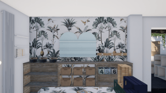 Une photo du projet de transformation avec des meubles en bois et un papier peint fleuri Wellpapers