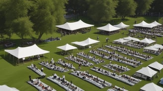 An outdoor event with numerous people practicing yoga on a green field, arranged in neat rows. A large screen on a building displays an instructor demonstrating yoga poses. Several white tents line the perimeter, and there are trees and urban structures in the background.
