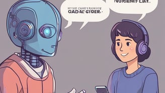 A small, white humanoid robot with blue accents, including eyes, mouth, and a circular badge with the letters 'AI' on its chest, is positioned in front of a blue laptop on a metallic surface. The robot has a simple, smooth design with two cylindrical arms and a small antenna on top.