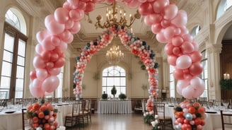 An outdoor setting features colorful inflatable play structures and a decorative balloon arch. A table draped with a pink and white skirt holds electronic equipment, possibly a photo booth setup. In the background, lush greenery and a partly cloudy sky are visible, creating a festive atmosphere.