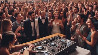 A DJ setup with a laptop and mixing console is positioned prominently in the foreground, set up on a stand. Behind it, a blurred background shows people sitting and standing under a large white tent adorned with string lights and greenery, suggesting an event or celebration.