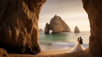 An AI-generated illustration portraying a newlywed couple facing the Cabo San Lucas Arch, created by Los Cabos Wedding Films