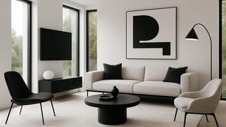 Modern living room with minimalist design, neutral tones, sleek furniture, abstract art, and large windows with natural light