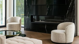 Contemporary living room with curved chairs and marble fireplace, by Solo Home Decor.