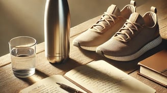 a pair of sneakers, a bottle and a glass of water