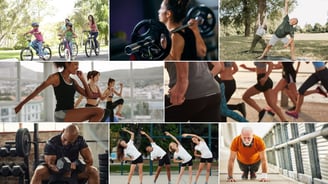 a collage of a group of people doing different exercises