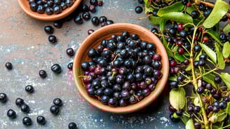 two bowls of maqui berry and leaves on a table