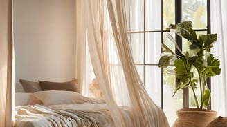 a bed with white sheets and a plant in the background