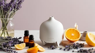 a vase with lavender flowers, orange slices, essential oils and a diffuser on the table