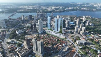 Alt: "Aerial view of Johor CIQ checkpoint and Bukit Chagar RTS station construction" Alt: "Skyline o