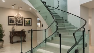 A modern interior space featuring a glass staircase leading upwards with stainless steel railings. Above, a reflection of a contemporary building with multiple floors is visible against a bright blue sky. Recessed ceiling lights illuminate the space, creating warm reflections on the metallic and glass surfaces.