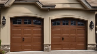 A decorative garage door with horizontal stripes in a variety of bright colors. Above the door is a sign with blue letters reading 'Humber'. The building facade is light-colored and the ground is paved.