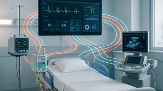 Équipements médicaux connectés montrant l’interopérabilité dans une chambre d’hôpital.