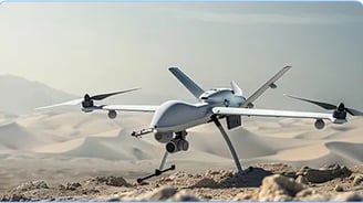 a large military drone flying over a desert