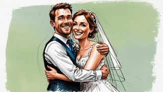 A bride and groom pose together in a wedding portrait, radiating happiness in their formal wedding attire.