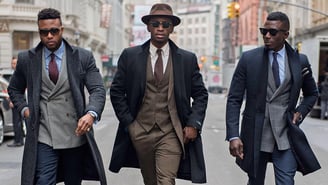 three men in suits walking down a street