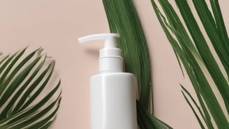 A skincare product labeled 'Beauty Counter' placed in a scalloped white dish, sitting on top of a glossy magazine with fashion imagery. Accompanying accessories include a curved gold chain and large hoop earrings, all set against a white, furry background.