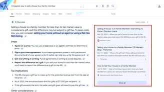 Screenshot of Google search results for cheapest way to sell a house to a family member, highlighting AI Overviews