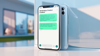 Smartphone con una conversación en pantalla que simula un chatbot de WhatsApp