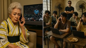 特殊詐欺からの電話を受け困惑している高齢者と詐欺集団
