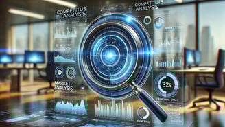 Interfaz holográfica mostrando un análisis de datos y diagnóstico de mercado para e-commerce