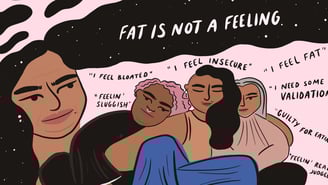 a poster with several women and texts fat is not a feeling i feel bloated i feel insecure