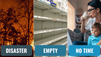 Reasons to have a well stock pantry, disaster, empty shelves, mom with baby - no time.