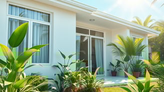 Casa fresca e sustentável no verão, com plantas refrescantes, cortinas térmicas e superfícies claras