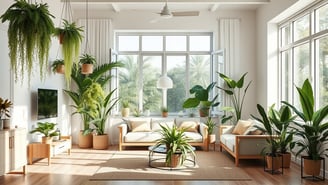 Sala fresca com plantas tropicais que ajudam a refrescar o ambiente. Soluções naturais e acessíveis 