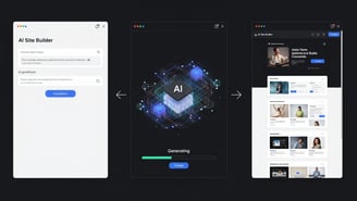 Screenshots showing Hostinger's AI Site Builder: description input, AI generation, and final website