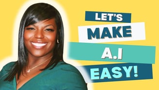 A woman wearing a green shirt and a yellow background with the words let's make AI easy