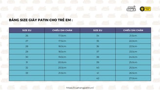 bảng size giày patin trẻ em
