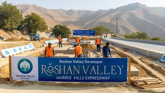 a group of people standing around a sign that says roshan valley valley