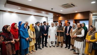 a group of people standing in a room