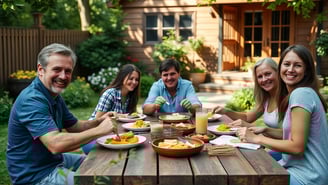 um grupo de pessoas sentadas à mesa com comida - Alliance Terranova Imobiliária