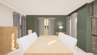 Transformation de l'espace salle à manger, vue sur la table à manger et la couleur vert sauge
