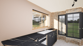 Cuisine après conception avec mur beige/orangé,plans de travail marbre noir et meuble bas anthracite