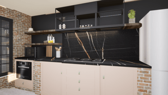 Cuisine après conception meuble bas beige/orangé, plan de travail marbre noir et hotte contemporaine