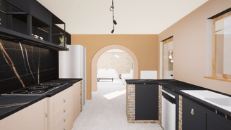 Cuisine après conception avec meuble bas bicolore, marbre noir et arcade ouverte vers le salon