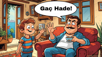 Cypriot dad saying “Gaç hade” in a funny local Turkish cartoon