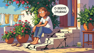 Comic character warned not to sit on the step – Cypriot Turkish phrase “Seki”