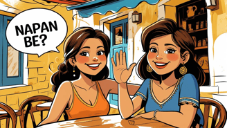 Two friends using Cypriot Turkish greeting “Napan be” at a local café