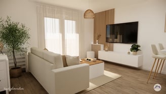 Salon moderne couleur neutres et apaissante espace TV et cache radiateur sur mesure