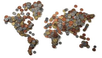 a world map of coins and coins in the shape of a world map