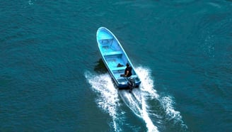 a boat with a blue and white boat in the water
