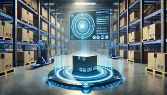 Holograma 3D de cajas de Amazon siendo organizadas en un almacén, representando la logística FBA