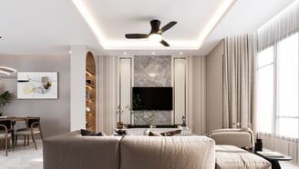 a living room with a couch and a ceiling fan
