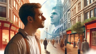 a man standing in front of a building with a large head of a man